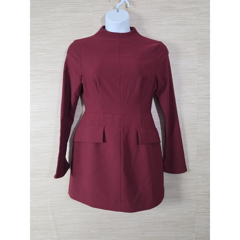 Commense Mini Dress Womens Large Burgundy Pocket Long Sleeve Mock Neck Back Zip